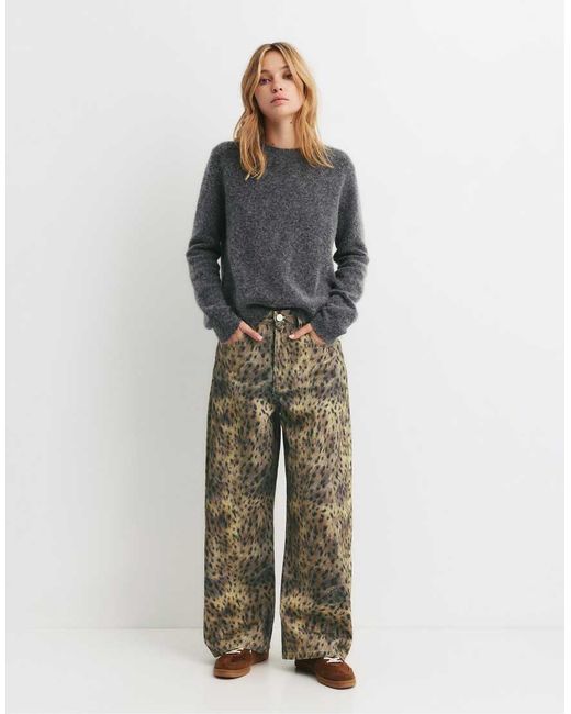 Pull&Bear Green Leopard Print Baggy Jeans