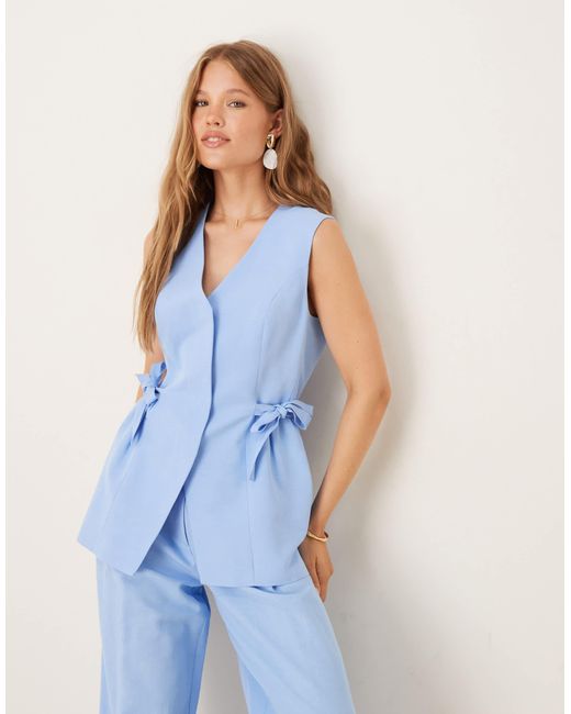 ASOS Blue Linen Blend Tie Side Waist Coat Co Ord