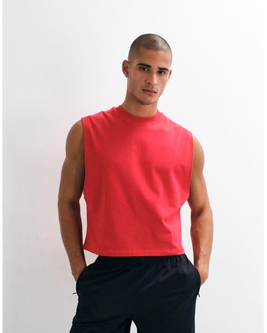 4505 Red Cotton Cropped Lifting Tank With Quick Dry Finish for men