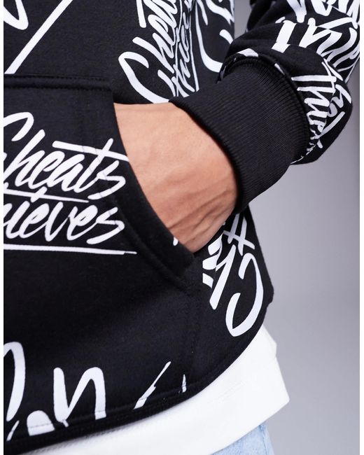 Cheats & Thieves Gray All-over Logo Print 320gsm Hoodie for men