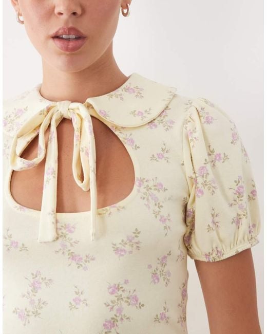 Miss Selfridge Natural Floral Printed Mini Rib Mini Dress With Peter Pan Collar