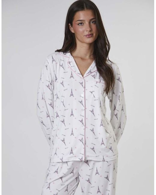 Loungeable White Paris Ooh Lala Printed Traditional Long Sleeved Pyjamas