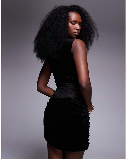 The Frolic Black Exclusive Velvet And Lace Sleeveless Drape Detail Mini Dress