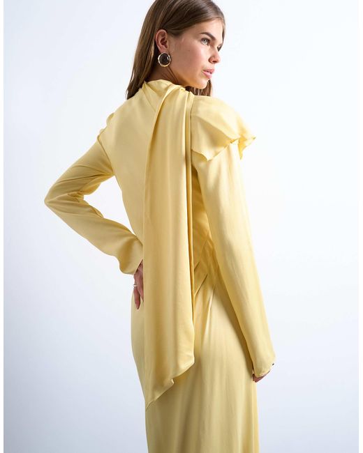 topshop long sleeve slash neck maxi dress in yellow TOPSHOP Long Sleeve Ruffle Maxi Dress With Scarf Wrap Detail in White