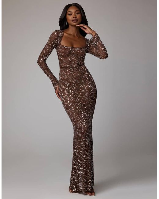 Oh Polly Purple Long Sleeve Bodycon Hot Fix Embellished Maxi Dress