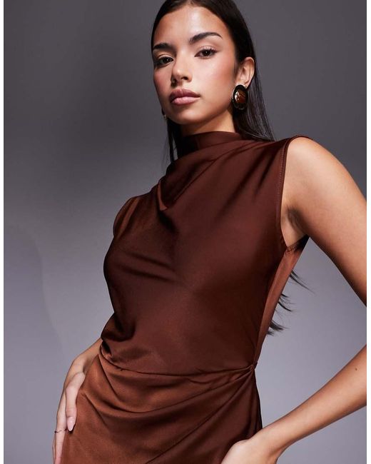 ASOS Brown Satin High Neck Pleated Bodice Midi Dress