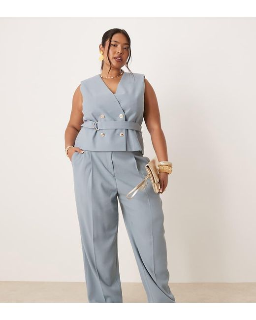 ASOS Blue Curve Tailored Linen-look Pants With Gold Buttons