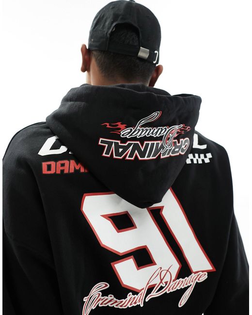 Criminal Damage Black Heavyweight Hoodie With Racing Graphics for men