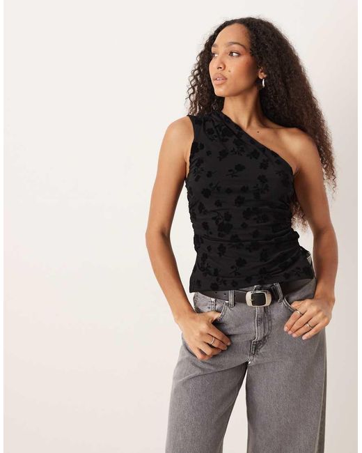 ASOS Black Flocked Asymmetric Flocked Floral Mesh Top
