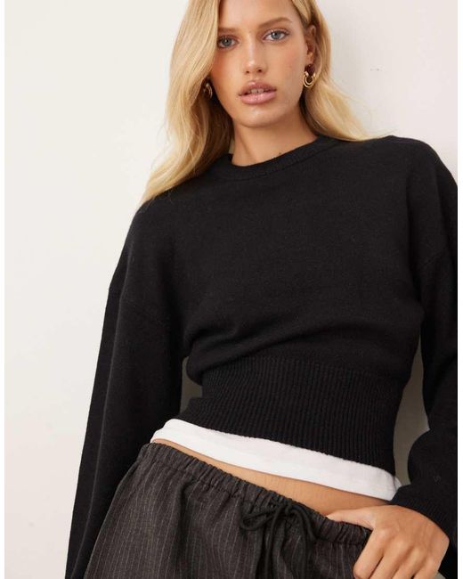Gina Tricot Black Crew Neck Wide Sleeve Fitted Knitted Jumper
