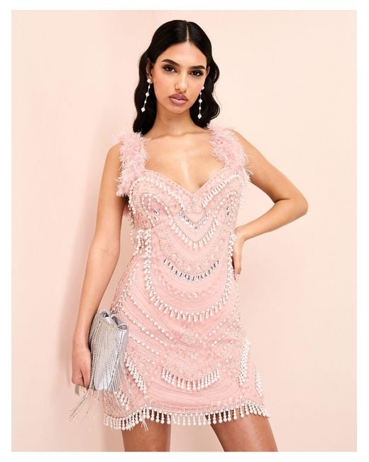 ASOS Pink Encrusted Mini Dress With Faux Pearl Embellishment And Faux Feather Straps