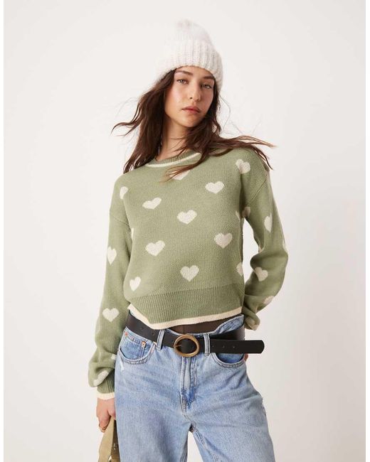 Jdy Green Crew Neck Heart Knitted Jumper