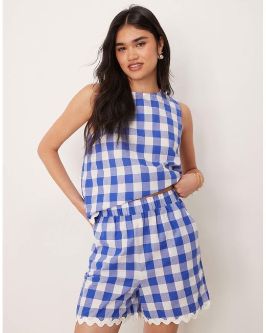 Y.A.S Blue High Waisted Gingham Shorts Co-ord With Scallop Trims