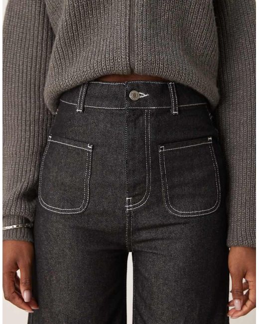 ASOS Black Patch Pocket Wide Leg Cropped Jean With Contrast Stitch