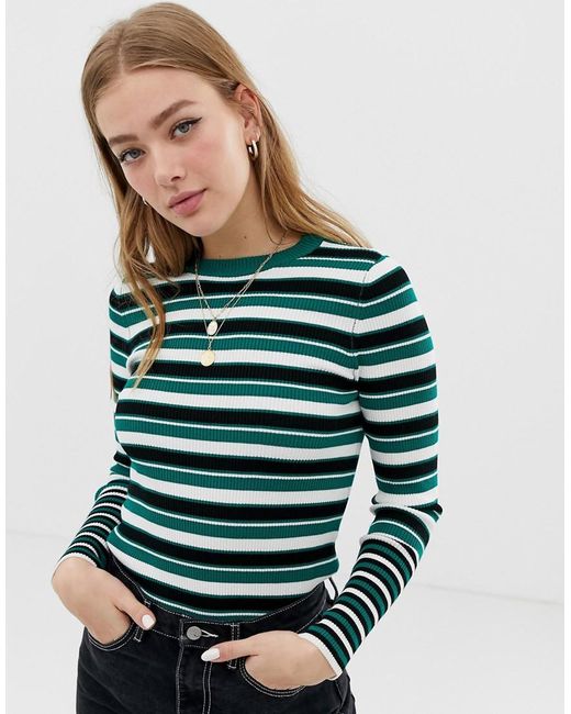 ONLY Green Multi Stripe Ribbed Top