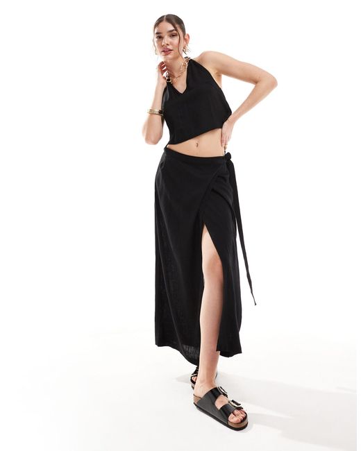 JJXX Black Co-ord Linen Mix Wrap Maxi Skirt