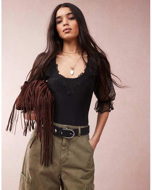 ASOS Bodysuit Met Hartvormige Halslijn En Pofmouwen Van Mesh in het Brown