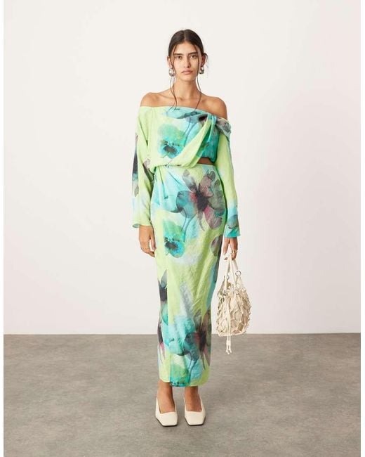 ASOS Green Twist Off Shoulder Maxi Dress With Cut Out Detail
