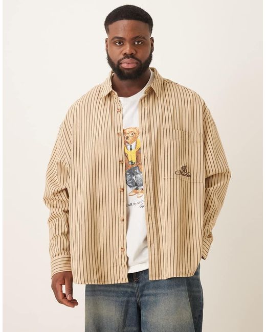 ASOS Natural Oversized Striped Shirt With Chest Embroidery for men