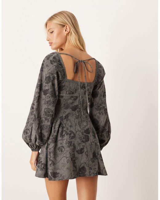 ASOS Gray Cord Square Neck Gather Bust Mini Dress With Volume Sleeve And Lace Trims
