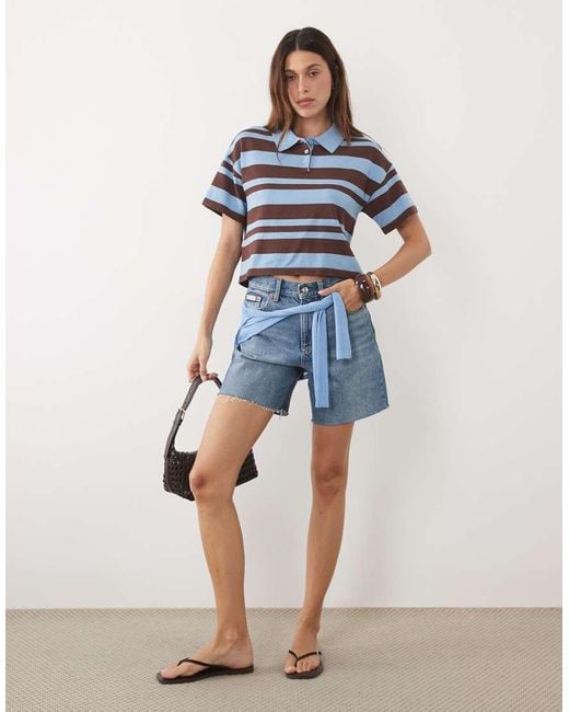 Mango Blue Short Sleeve Knit Polo Top
