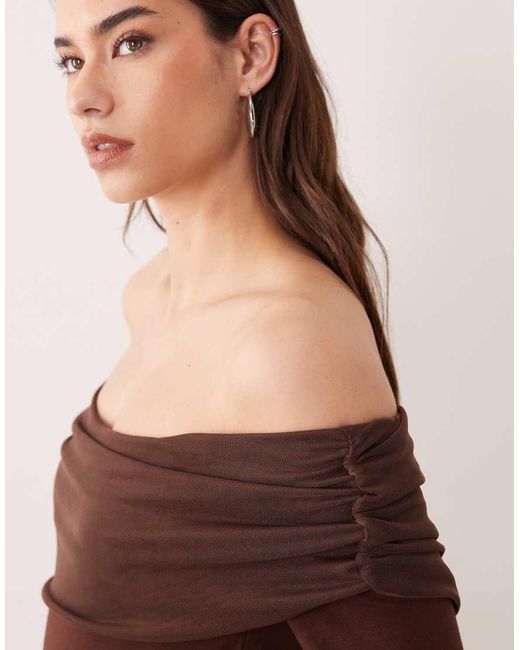 ASOS Brown Mesh Bardot Long Sleeve Bodysuit With Cotton Body
