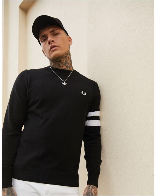 Fred Perry Black Twin Arm Stripe Wool Jumper for men