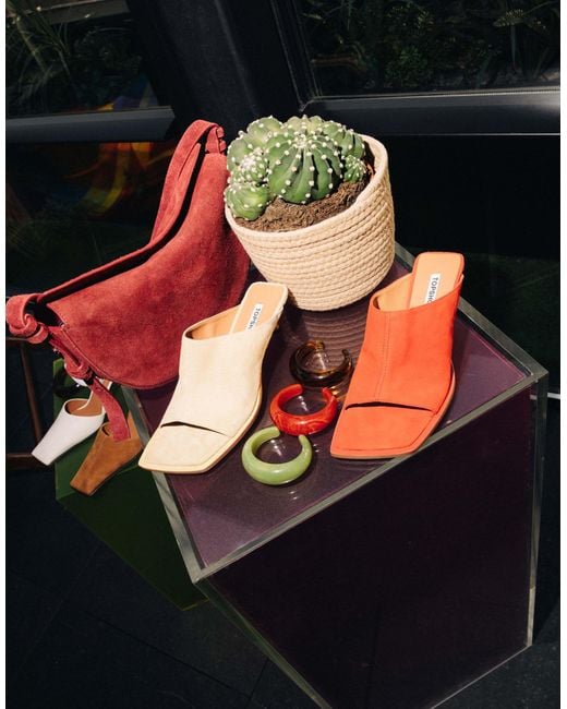 TOPSHOP Red Ilya Premium Real Suede Open Square Toe Mules