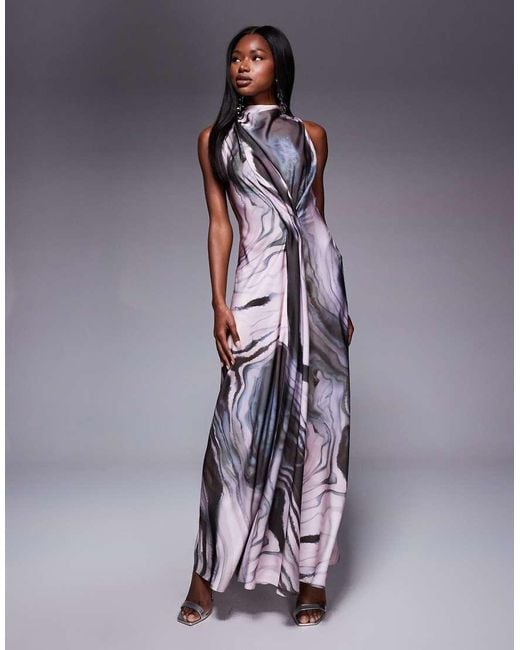 ASOS Gedrapeerde Maxi-Jurk Van Satijn Met Hoge Hals En Detail Bij De Taille in het Purple