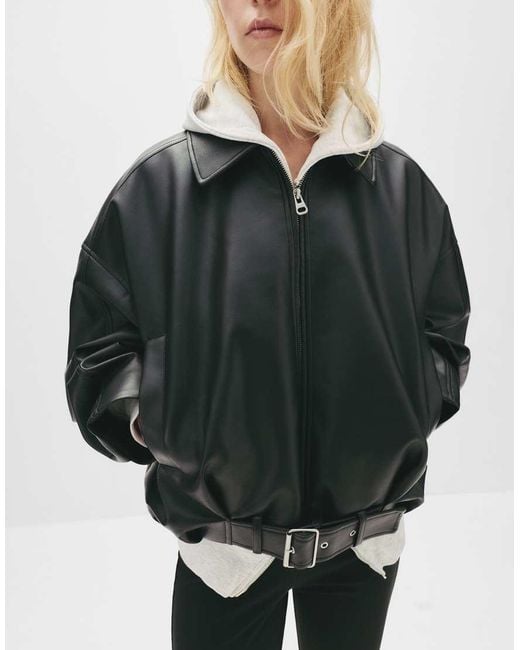 Pull&Bear Black Leather Effect Balloon Bomber Jacket