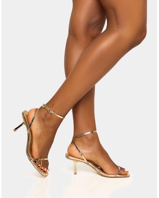 Public Desire Brown Natalya Gold Barely There Square Toe Stiletto Mid Heels