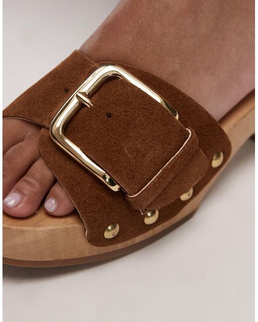 ARKET Blue Wooden Heeled Clogs With Real Suede Strap And Gold Buckle