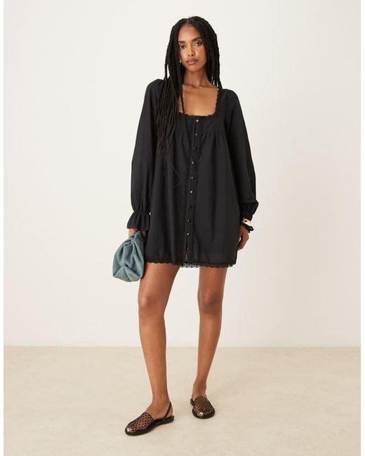 ASOS Black Cotton Lace Trim Long Sleeve Babydoll Mini Dress