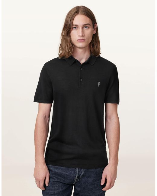 AllSaints – mode – langärmliges polohemd aus merinowolle in Black für Herren