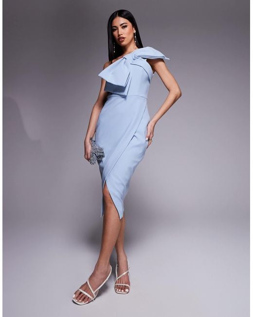 Lavish Alice Women's Blue One Shouder Statement Bow Midi Dress