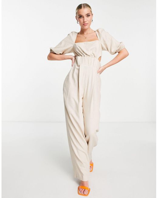 ASOS Ruched Waist Puff Sleeve Linen Jumpsuit in Natural Lyst UK