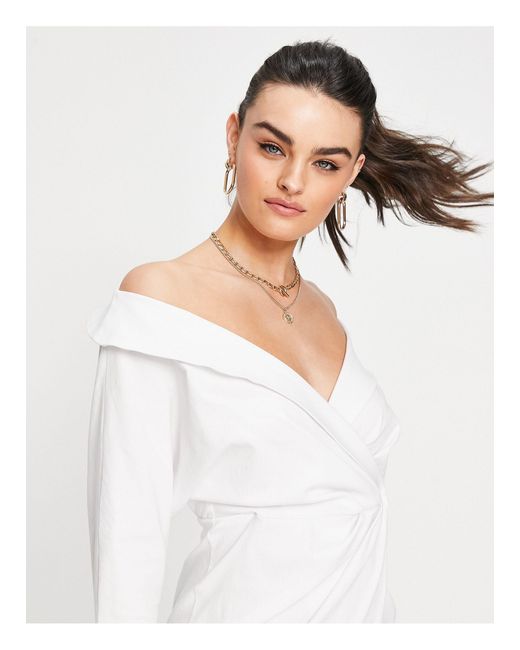 white off the shoulder wrap dress