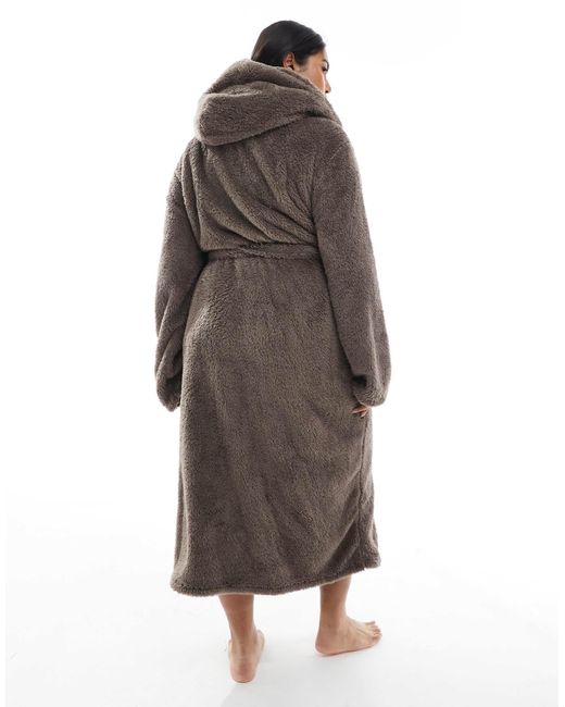 Loungeable Curve Cozy Sherpa Hooded Maxi Robe in Brown | Lyst