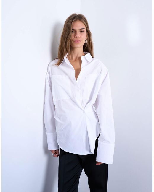 TOPSHOP White Asymmetric Placket Waisted Long Sleeve Cinched Shirt