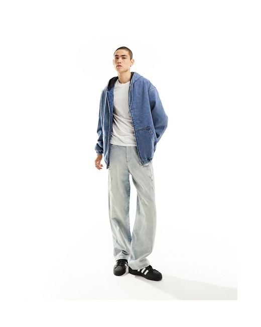 Giacca di jeans extra oversize medio slavato con cappuccio di ASOS in Blue da Uomo