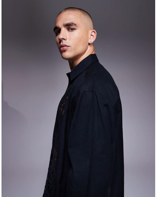 ASOS Blue Relaxed Shirt With Lace Insert for men