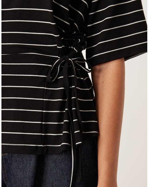 ASOS Black Stripe Short Sleeve Cinched Tie Side Detail T Shirt