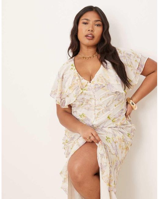 ASOS Natural Asos Design Curve Pintuck Maxi Dress With Cape Flutter Sleeve