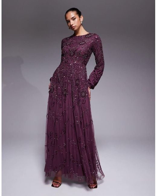 Beauut Purple Fully Embellished Beaded Mesh Overlay Balloon Sleeve Maxi Dress