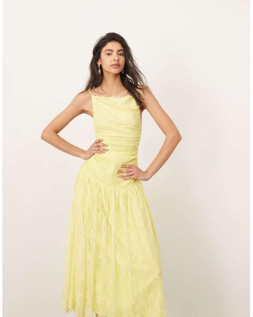 ARRANGE Lace Ruched Dropped Waist Midi Dress in Yellow | Lyst UK