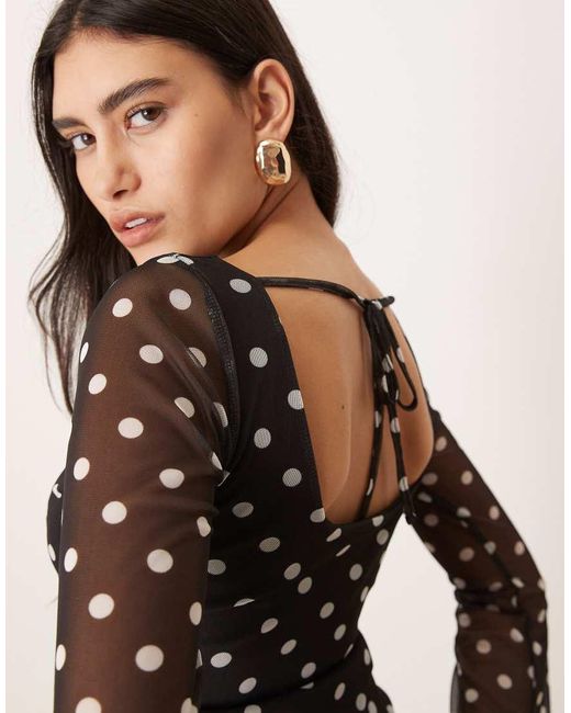 ASOS Black Polka Dot Printed Mesh Angel Sleeve Top With Open Tie Back