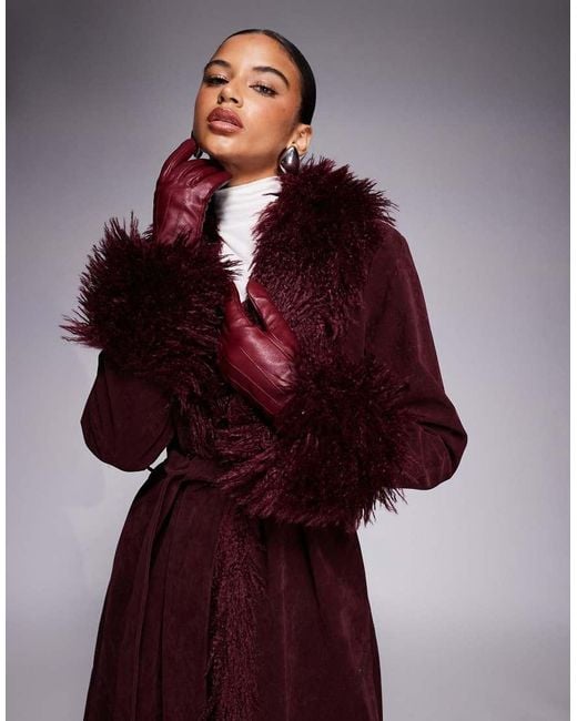 Kaiia Purple Exclusive Faux Fur Trim Penny Lane Maxi Coat