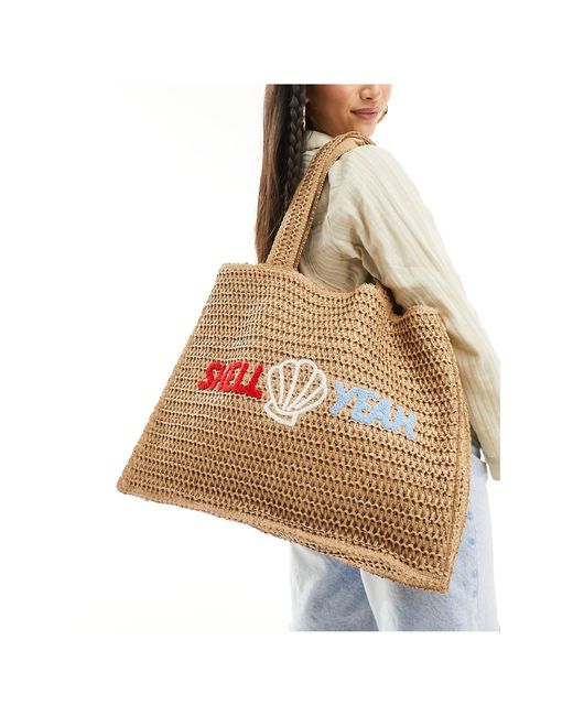 South Beach Natural Shell Yeah Embroidered Woven Shoulder Tote Bag