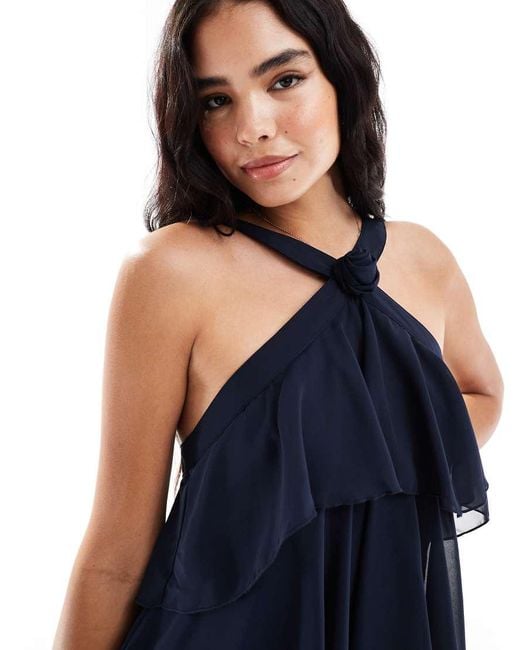 Vero Moda Blue Felicia Halter Neck Tiered Maxi Dress With Corsage Detail