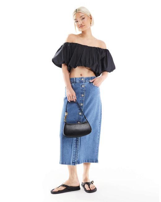 Vero Moda Blue Button Front Midi Denim Skirt